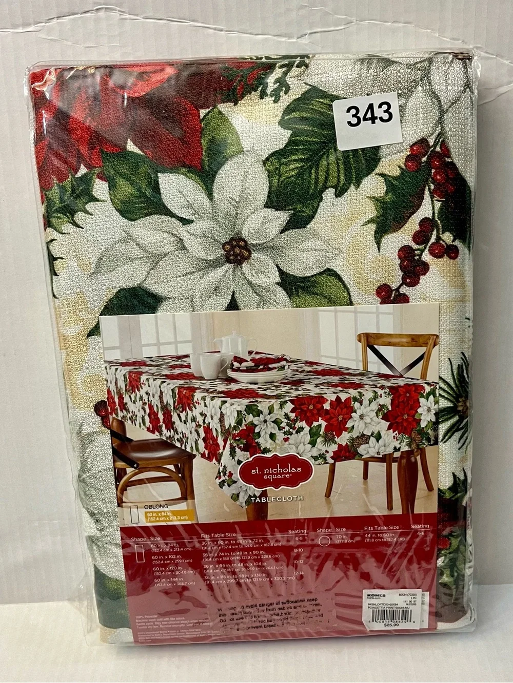 St. Nicholas Square Christmas Tablecloth Oblong 60x84 NWT Poinsettia Holly